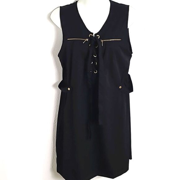 Eighty.Eight Black Sleeveless Mini-Dress, Lace-up Front, Gold Zippers,Size Large - Picture 1 of 9